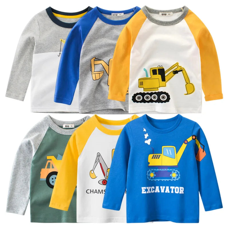 Cartoon Excavator Print Kids Boys Cotton T-shirts