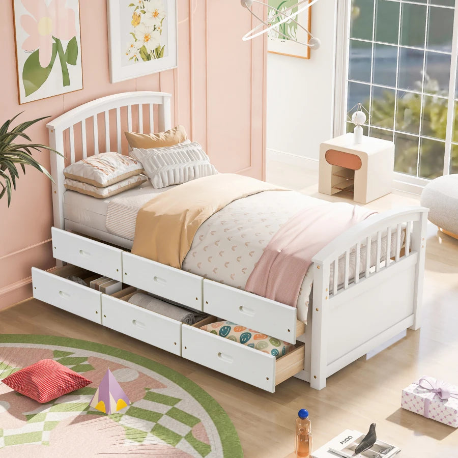 Twin-size Wooden Bed with 6 Drawers for Kids childrensterritory