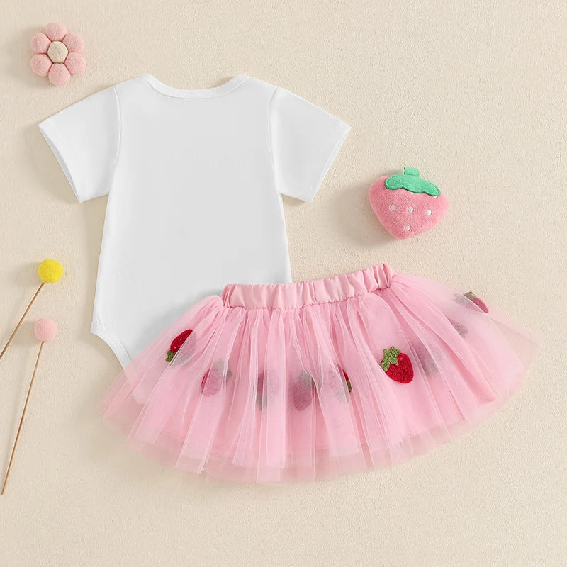 Baby Girl Strawberry Print Romper and Tulle Skirt 2 Pcs Set