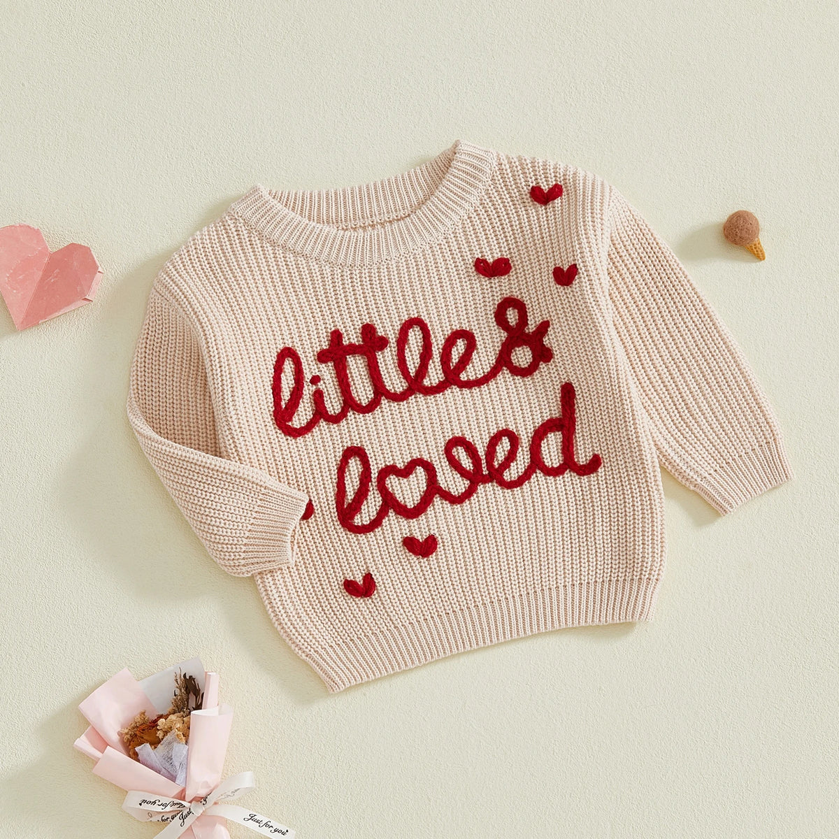 Baby Girl Heart Print Crew Neck Knitted Sweaters