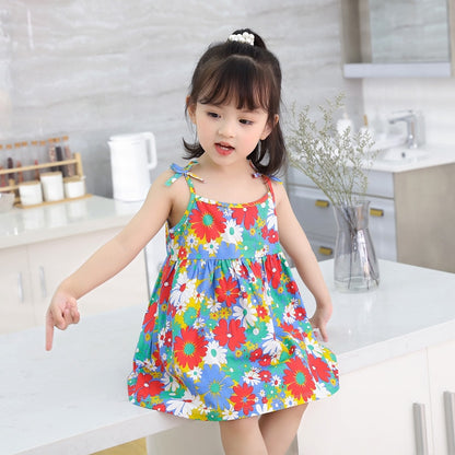 Floral Print Kids Girls Sleeveless Cotton Dresses childrensterritory