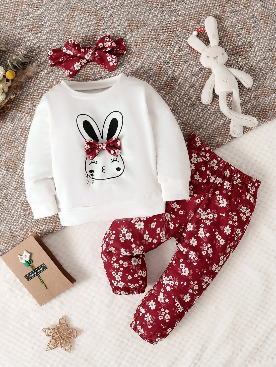 Baby Girl Rabbit Print Pullover & Floral Print Pants & Headband Set childrensterritory