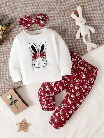 Baby Girl Rabbit Print Pullover &amp; Floral Print Pants &amp; Headband Set childrensterritory