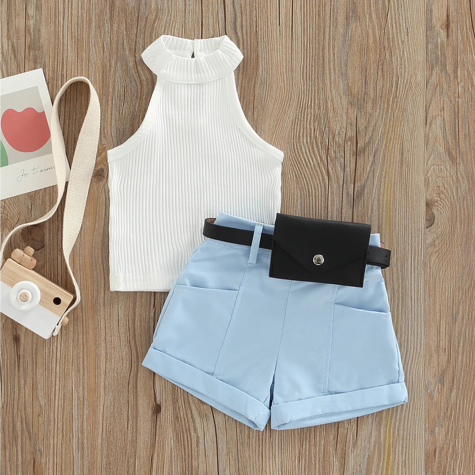 Little Girl Three-Piece Sleeveless Top + Belted Short Pants Outfit childrensterritory