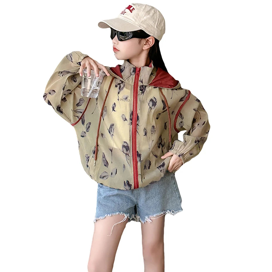 Young Girls Floral Pattern Hooded Jacket for All Season childrensterritory