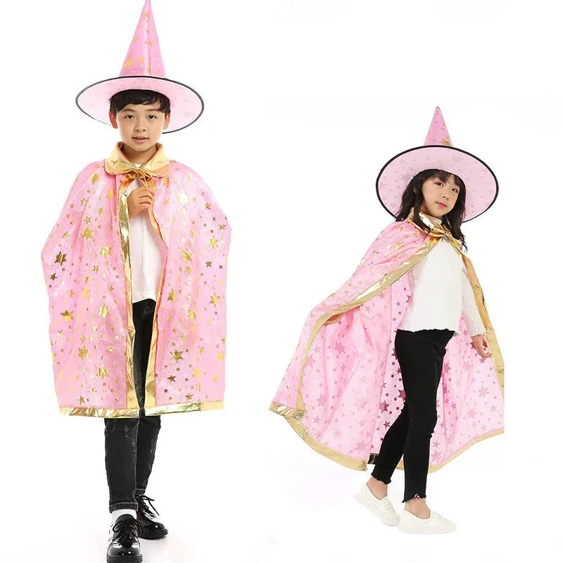 Kids Black Purple Red Carnival Cloak with Witch Hat