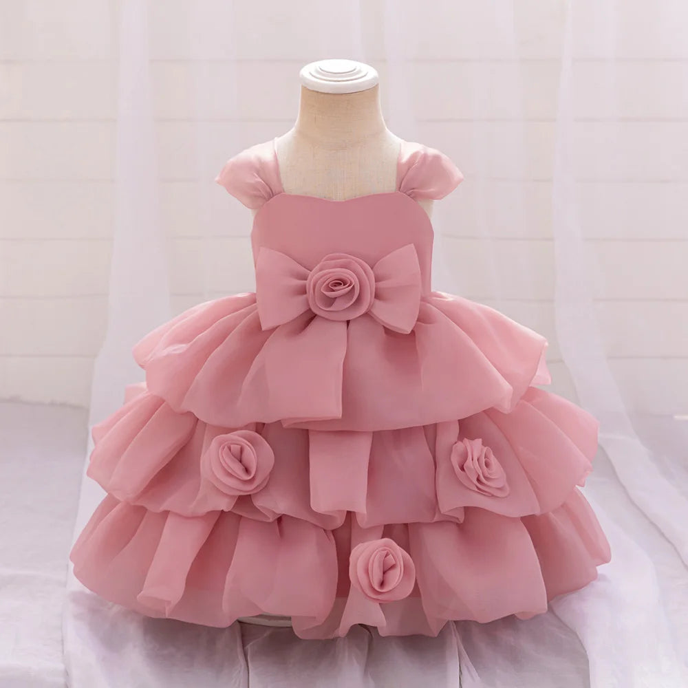 Elegant 3D Rose Flower Tiered Design Baby Christening Dresses