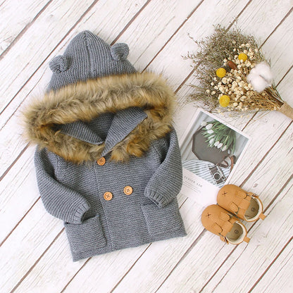 Fur Collar Animal Hooded Knitting Baby Coat