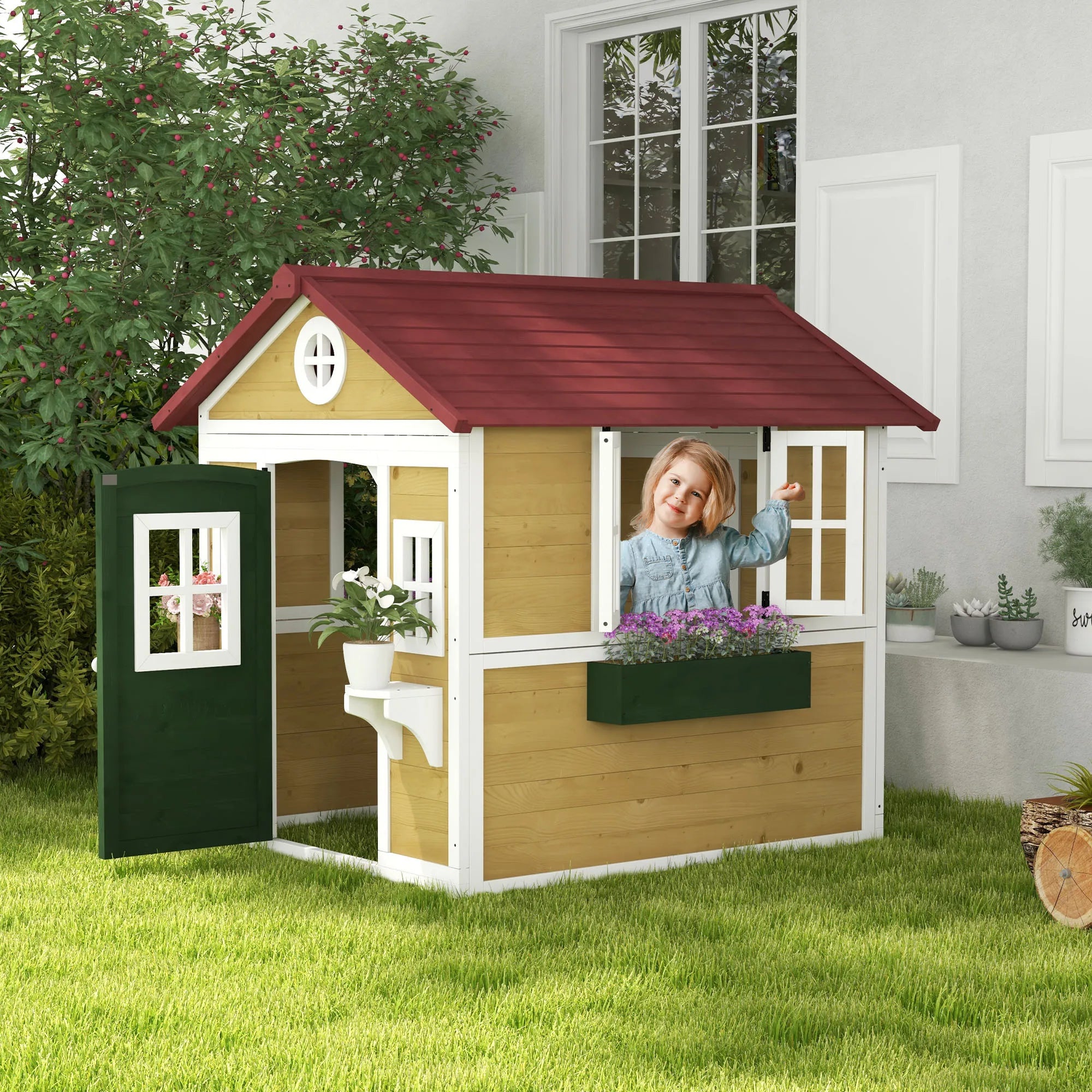 Kids Wooden Playhouse with Windows and Doors for Outdoor