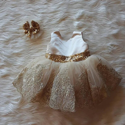 Gold Sequined Bow Knee Length First Birthday Party Dress