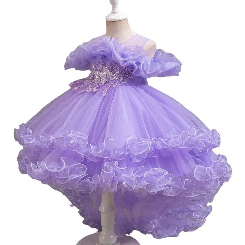 Kids Girls Soft Gauze Solid Color Party Desses with Trailing childrensterritory