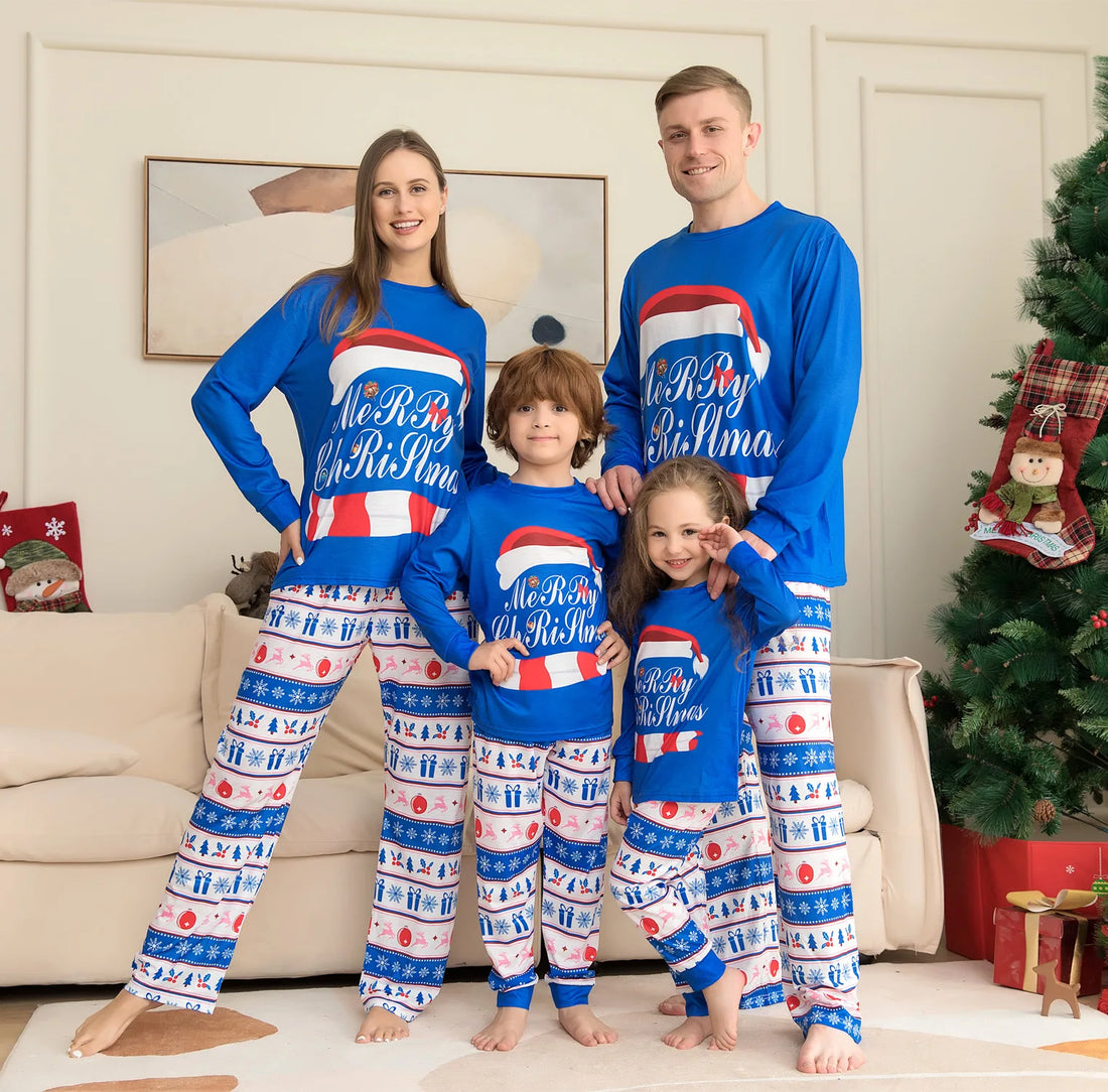 Letter Printed Christmas Family Pajamas Sets in Blue Color childrensterritory