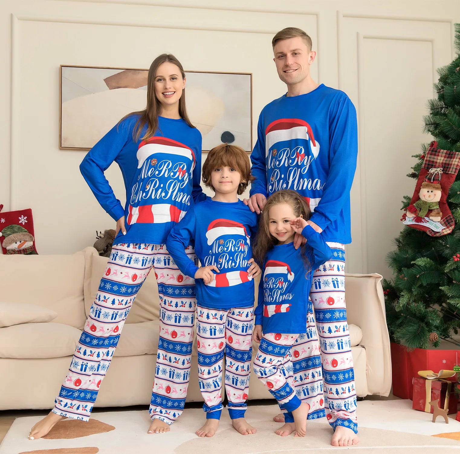 Letter Printed Christmas Family Pajamas Sets in Blue Color childrensterritory