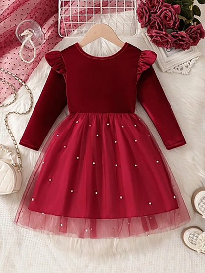 Little Girls Long Sleeve Bow-Decorated Velvet Tutu Party Dresses