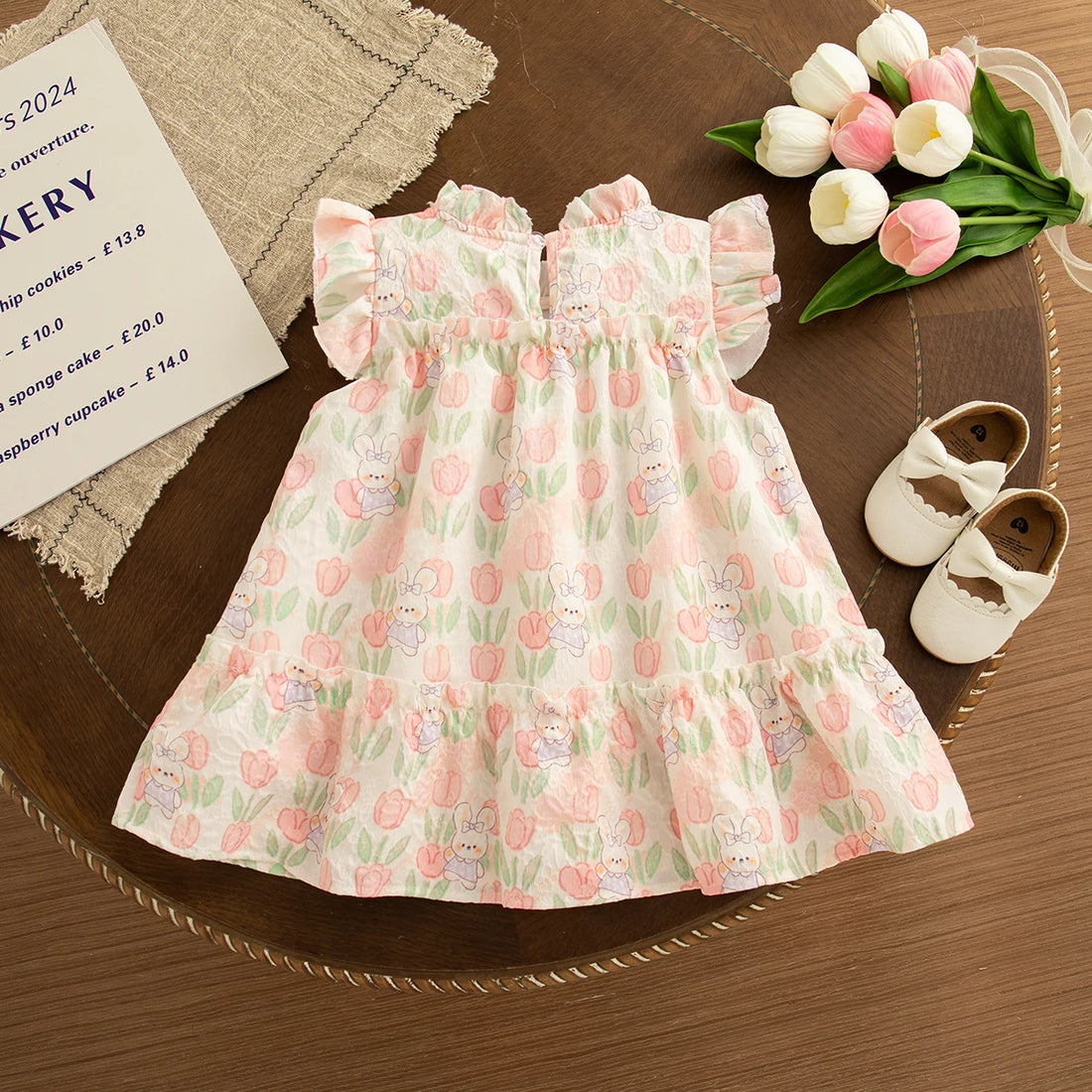 Baby Girl Cartoon Rabbit Tulip Print Dress for Summer