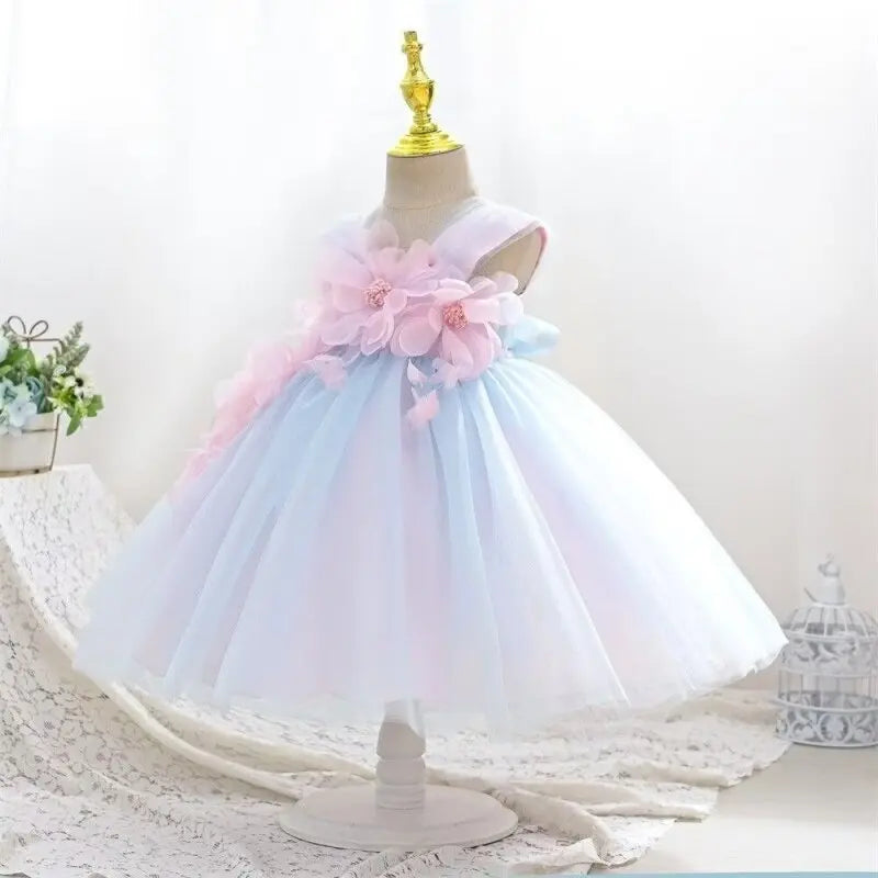Girl Mesh Puffed Flower Design Light Color Birthday Dress