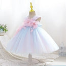 Girl Mesh Puffed Flower Design Light Color Birthday Dress
