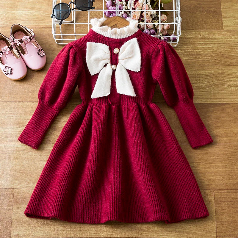 Little Girls Bow-Decorated Woolen Dress for New Year childrensterritory