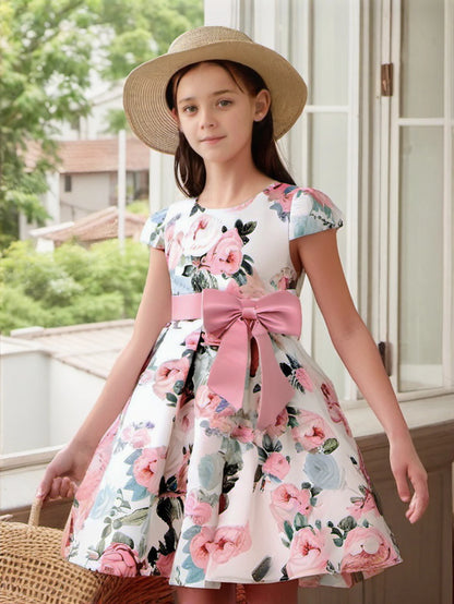 Flower Print Kids Girls Elegant Birthday Party Dresses childrensterritory
