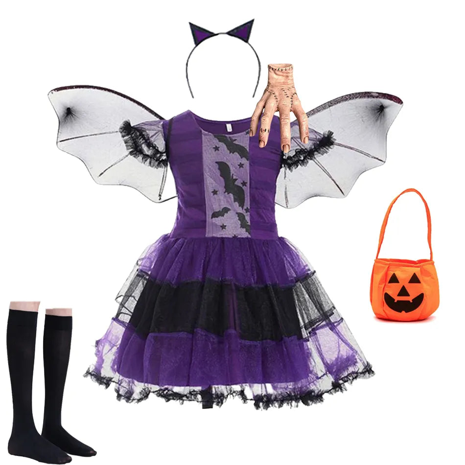 Kids Girls Vampire Witch Party Dress with Bag Headband Wings childrensterritory