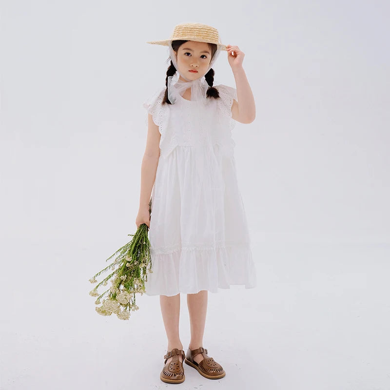 Lace Design Kids Girls Stylish Cotton Princess Dress for Summer