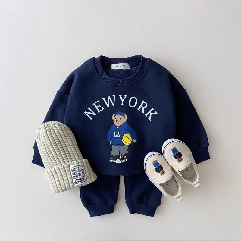 Baby Boys/Girls Letter Bear Casual Hoodie+Pants Suit