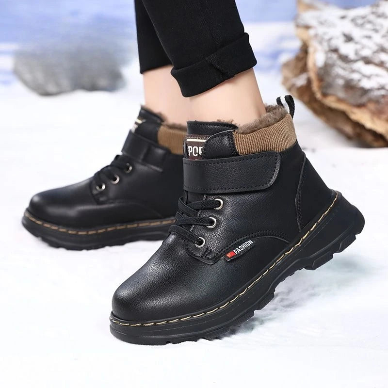 Kids Unisex High Top Fur And Laces Design Leather Shoes