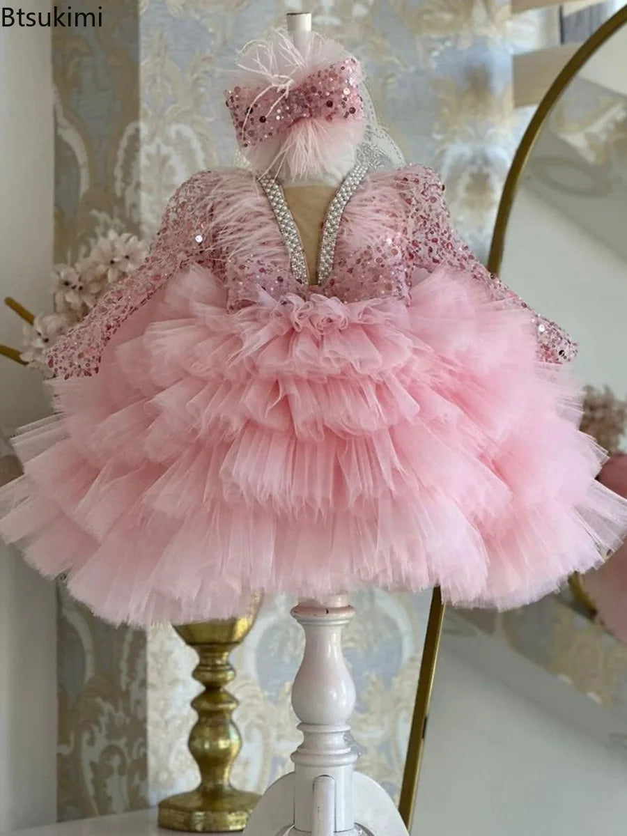 Gorgeous V-neck Sequin Design Little Girls Mesh Cake Dress