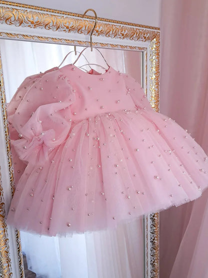 Pearl Decorated Puffy Pink Princess Dress for Girl&
