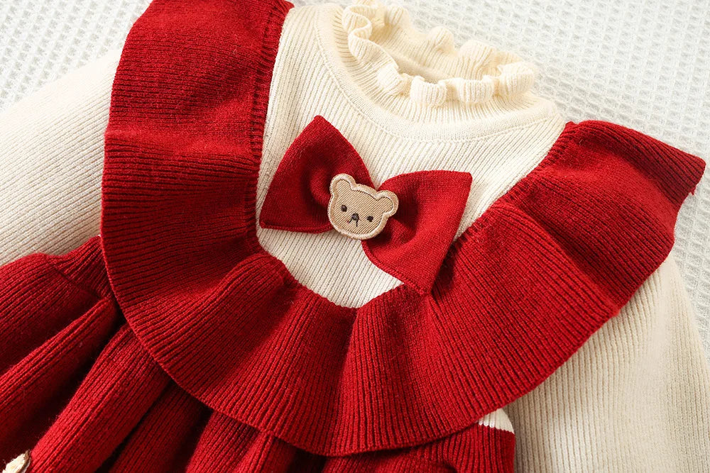 Girls’ Elegant Bow Design Long-Sleeve Warm Dresses childrensterritory