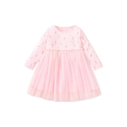 Cartoon Rainbow Design Long Sleeves Mesh Dresses for Girls