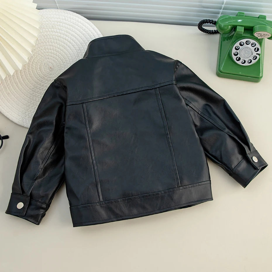 Stylish Kids Boys Girls Solid Color Leather Jackets childrensterritory