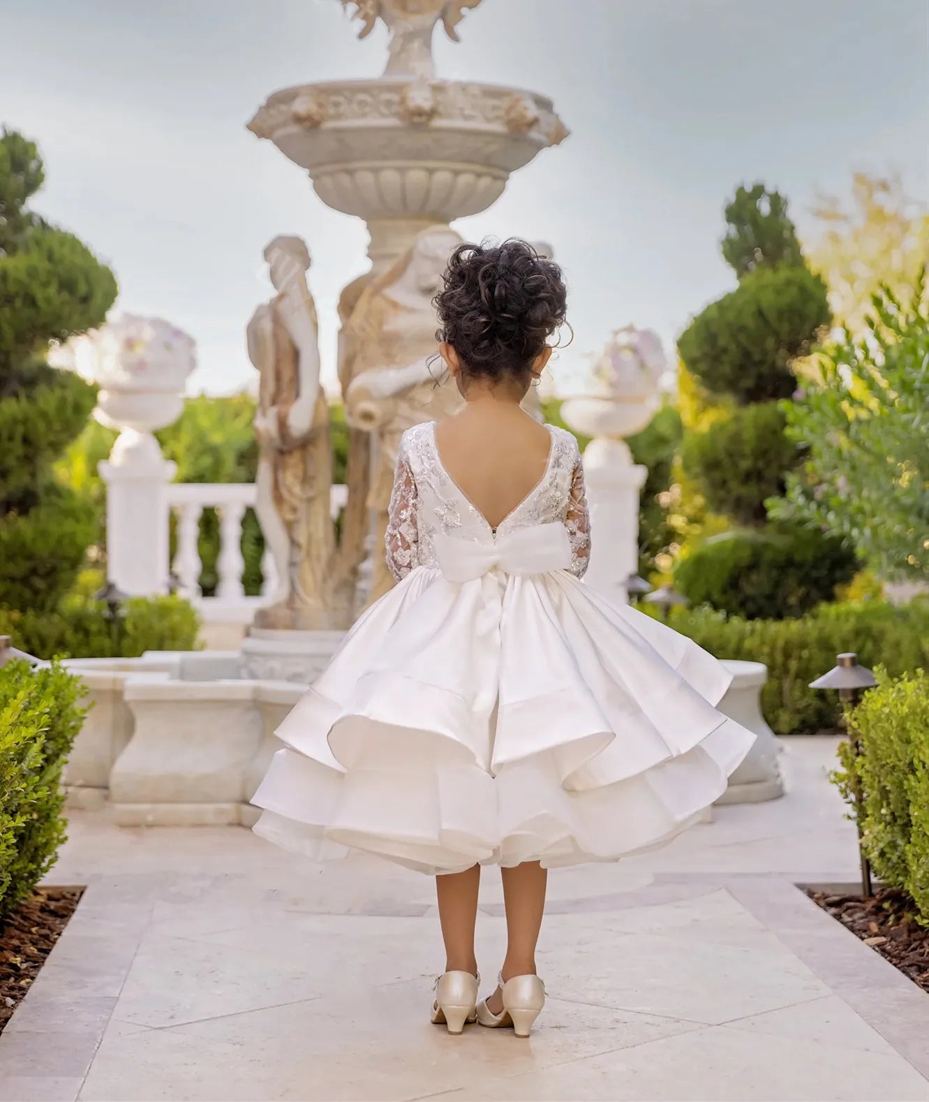 Fluffy Satin Long Sleeves Wedding Dress With Bow for Girls childrensterritory