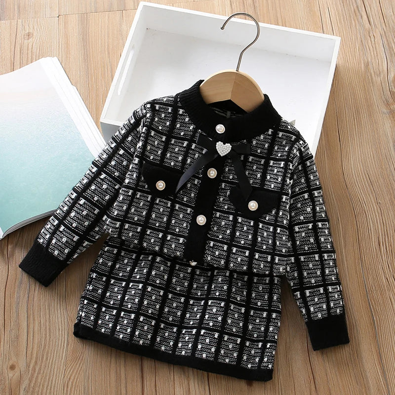Little Girls Plaid Sweater + Dress Lattice Winter Outfits childrensterritory