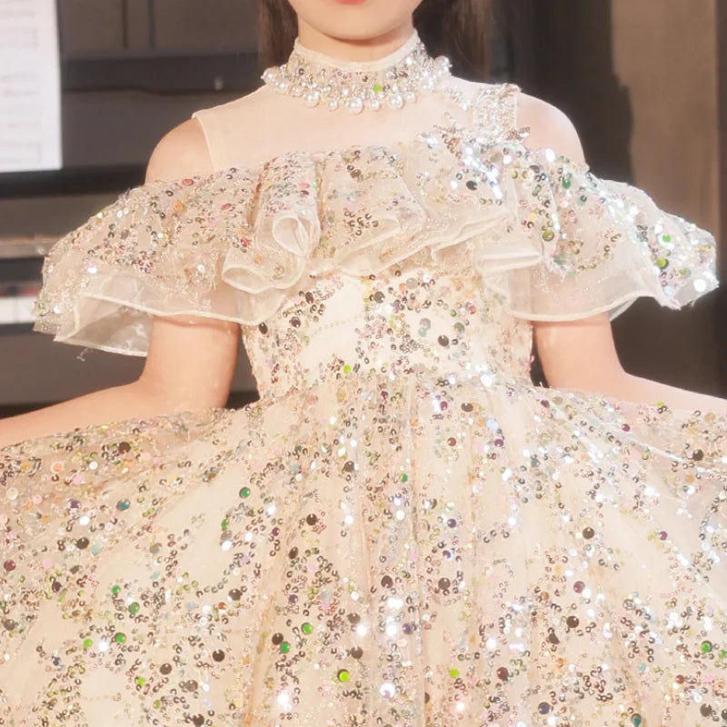 Kids Girls Fluffy Gauze Sequins Gown Evening Princess Dress childrensterritory