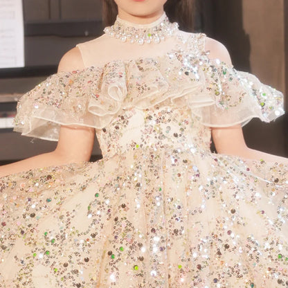 Kids Girls Fluffy Gauze Sequins Gown Evening Princess Dress childrensterritory