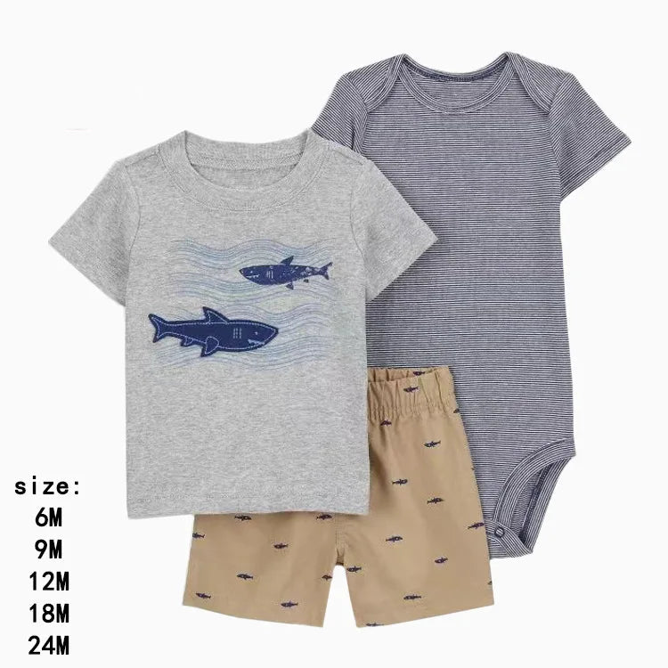 Baby Boys Cotton 3-Piece Short Bodysuit Set for Summer