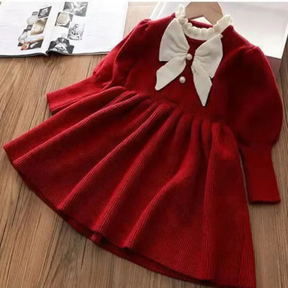 Little Girls Bow-Decorated Woolen Dress for New Year childrensterritory