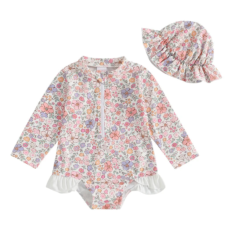 Floral Print Baby Girl Backless Long Sleeve Swimwear childrensterritory