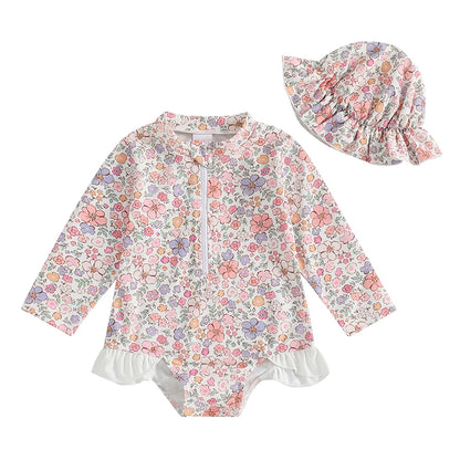Floral Print Baby Girl Backless Long Sleeve Swimwear childrensterritory