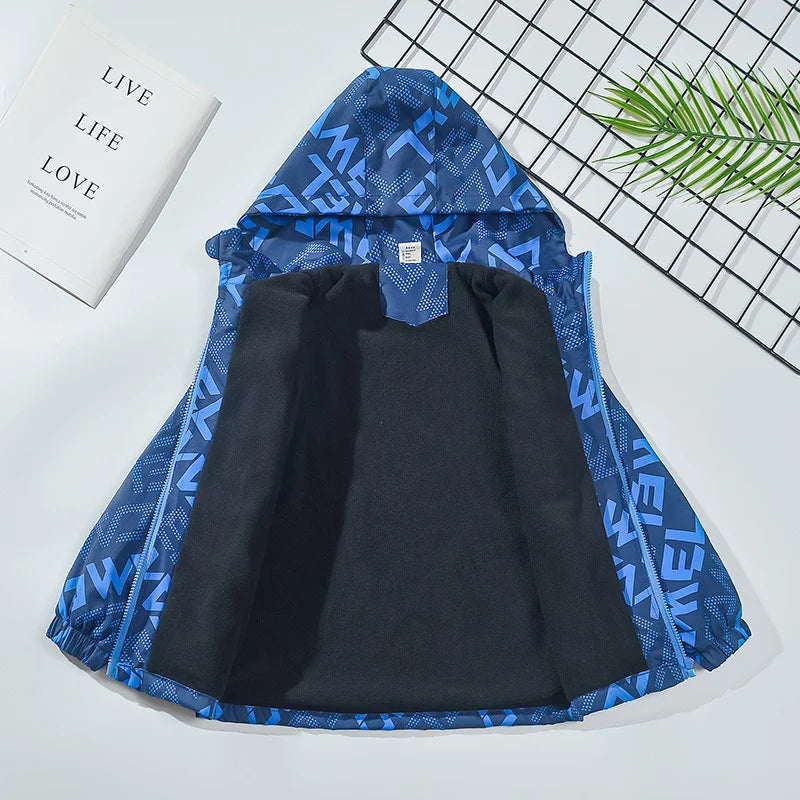 Boys Letter Print Hooded Waterproof Fleece Jackets childrensterritory