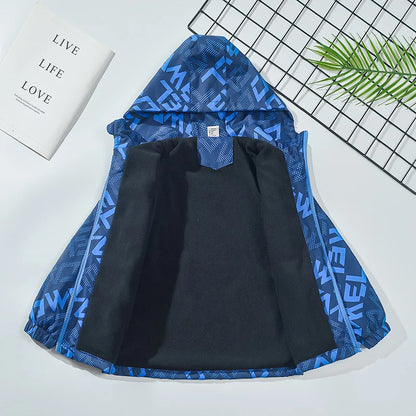 Boys Letter Print Hooded Waterproof Fleece Jackets childrensterritory