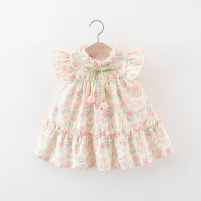 Baby Girl Cartoon Rabbit Tulip Print Dress for Summer