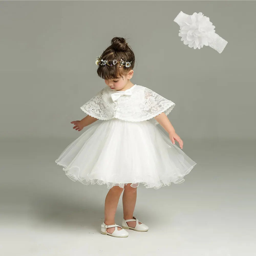 Little Girls Bow Lace Design White Baptism/Bridesmaid Dresses