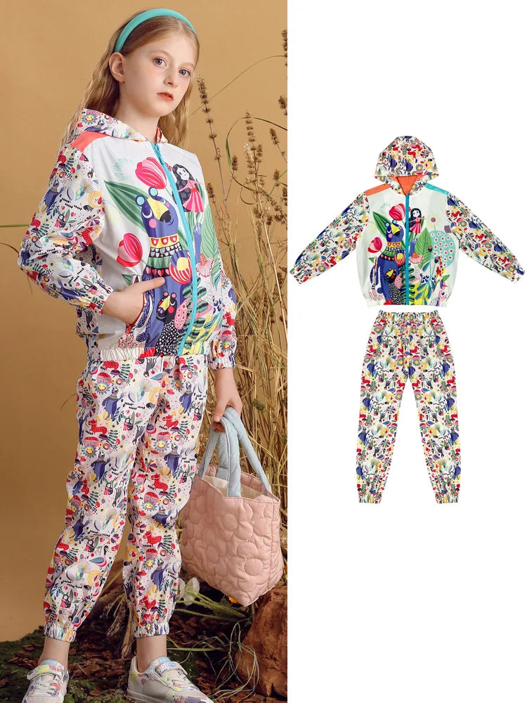 Kids Girl Printed Hooded Jacket and Elastic Waist Pant Set childrensterritory