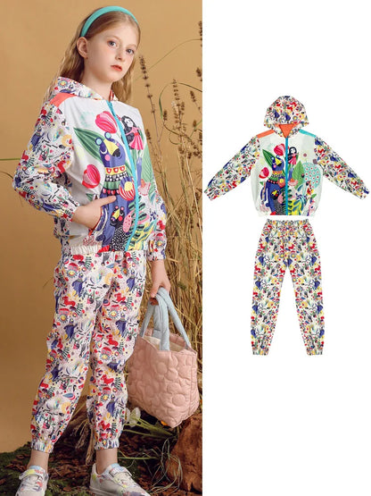 Kids Girl Printed Hooded Jacket and Elastic Waist Pant Set childrensterritory