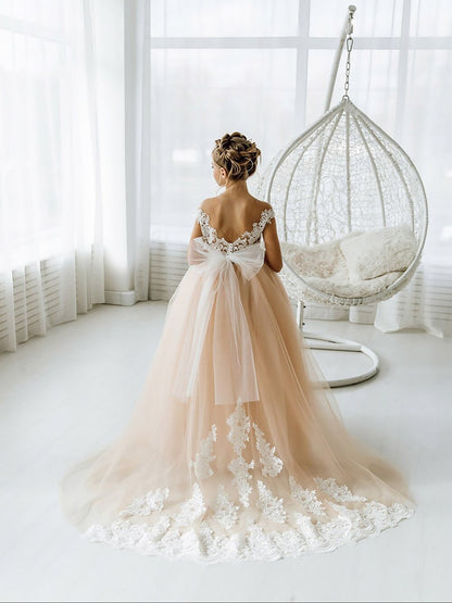 Kids Girls Backless Tutu Wedding Party Dresses with Long Train childrensterritory