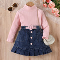 Girls' High-Necked Top and Denim Skirt with Belt Outfit Set childrensterritory
