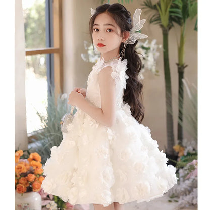 3D Flower Puffy Sleeve Girls White Lace Dresses for Birthday childrensterritory