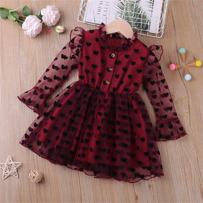 Kid Girl Mesh Yarn Heart Printed Party Dress